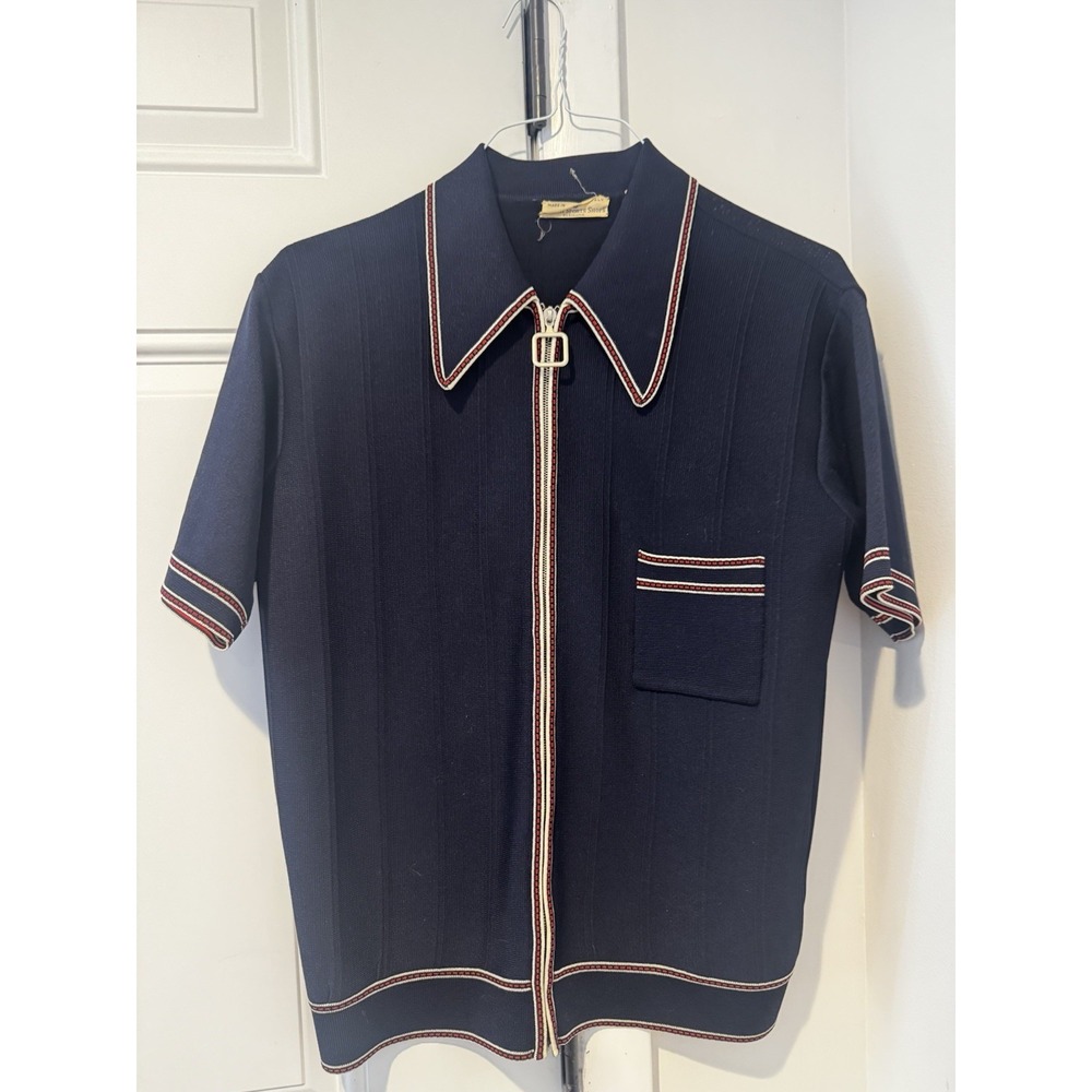 Vintage English Sports Shop Bermuda Women's Navy Knit Zip Front Shirt Sz S 1970s
